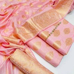 3 Pcs Women Unstitched Banarsi Jacquard Suit Pink